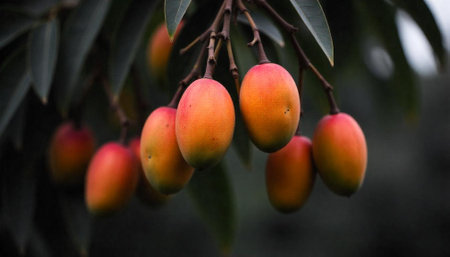 Close-up of ripe mangoes hanging from tree branch in orchard