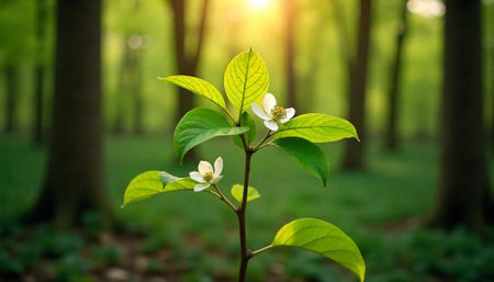 Spring flower blossom with sunlit forest as backgroundの写真素材