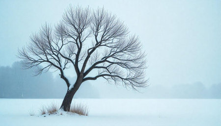 Solitary tree covered in snow on a winter dayの写真素材