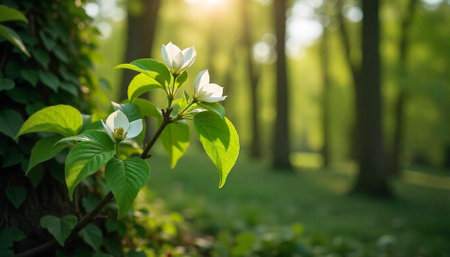 Sunlit White Flowers and Lush Green Forest Sceneryの写真素材