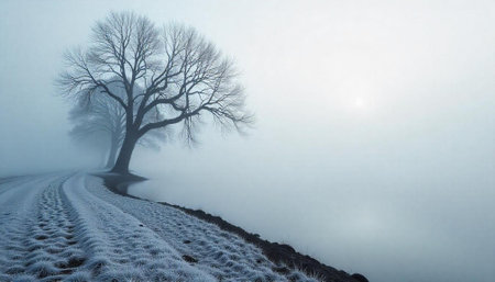 Winter landscape featuring frost covered ground and trees in fogの写真素材