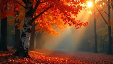 Autumnal birch tree glows with vibrant foliage in forest