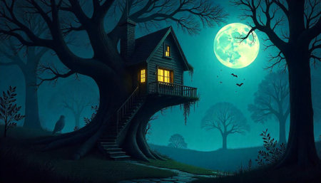 Enchanted treehouse under a bright moon in dark forest