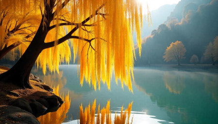 Golden willow tree over lake at sunrise in autumnの写真素材