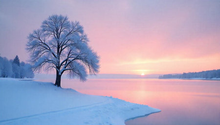 Icy Tree at Sunset on Snowy Lakeside Landscapeの写真素材