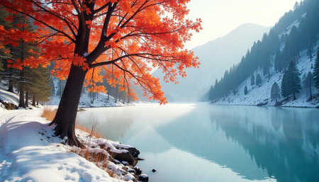 Vibrant autumn tree reflecting in a serene winter lakeの写真素材