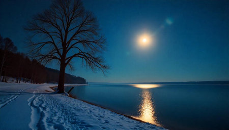 Winter moon landscape with a bare tree near lakeの写真素材