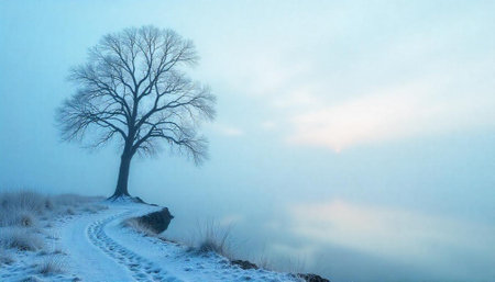 Winter landscape: Lone tree on a snowy cliff topの写真素材