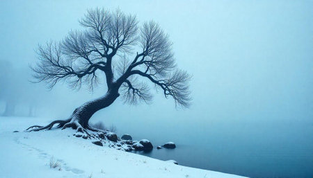 Solitary winter tree covered with snow near misty lakeの写真素材