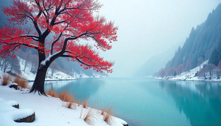 Vibrant red tree on snowy lakeside in tranquil winter sceneの写真素材