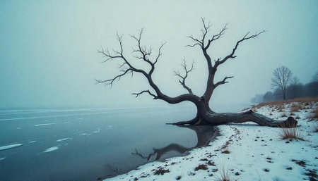 Lone tree reflected on icy waterscape in winter