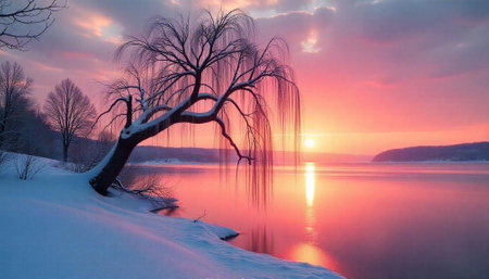 Winter landscape with sunset reflected on frozen lakeの写真素材