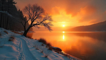 Winter landscape at sunset with lake and snowy treesの写真素材