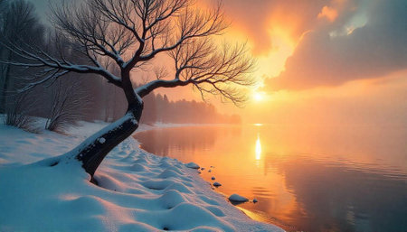 Snowy lakeside tree at sunset with orange skyの写真素材