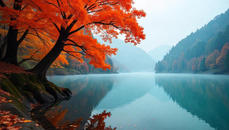 Autumnal lake scenery with vibrant trees and water reflectionsの写真素材