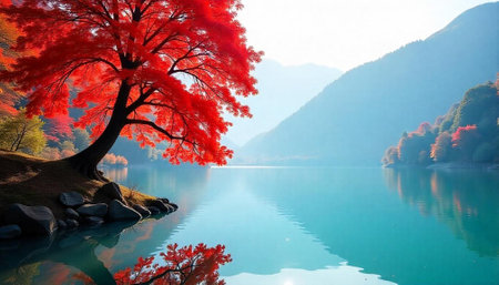 Scenic autumnal landscape featuring a vibrant red maple treeの写真素材