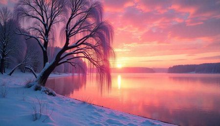 Winter sunrise landscape featuring a snow-covered weeping willow treeの写真素材