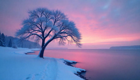 Snow covered tree during pink sunrise at lakeside winter landscapeの写真素材