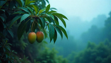 Ripe mangoes hanging on a branch in lush greeneryの写真素材
