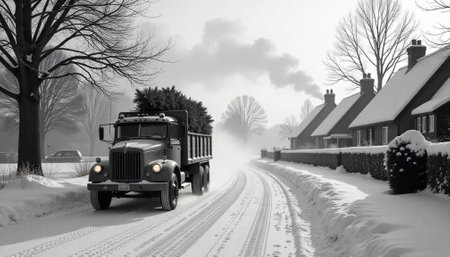 Vintage truck delivering Christmas trees through snowy winter landscapeの写真素材