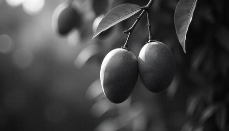 Monochrome still life of mangoes hanging from a branch