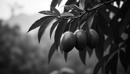 Monochrome image of hanging fruit on a rainy day