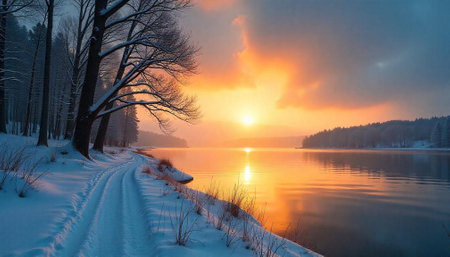 Winter lake landscape reflecting vivid orange sunset and snowの写真素材