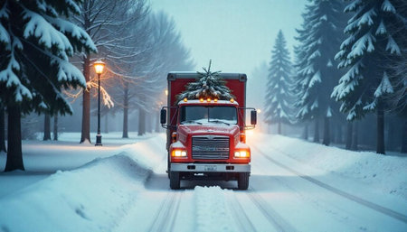 Red truck carrying Christmas tree through snowy winter landscape