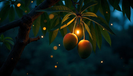 Two mangoes hanging from a branch at night with light