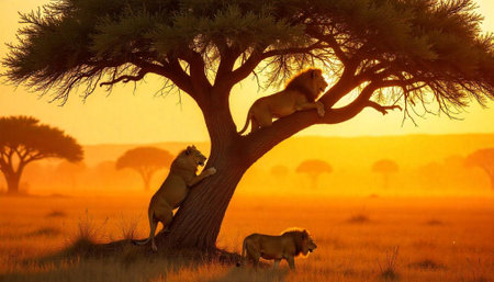Three lions resting in a tree during golden hourの写真素材