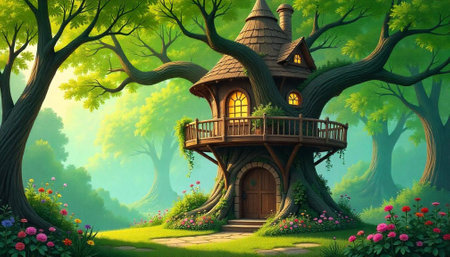 Enchanted Treehouse in Mystical Forest Surrounded by Lush Foliageの写真素材
