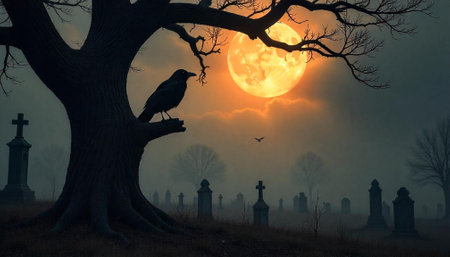 Eerie crow perched in graveyard silhouette against full moon