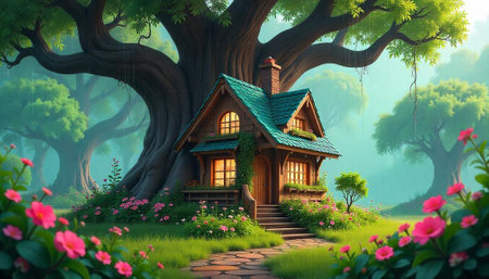 Whimsical cottage nestled under a giant tree in springの写真素材