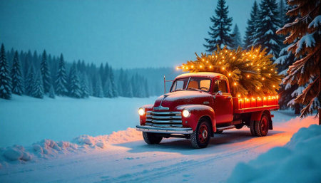 Vintage red truck carrying a Christmas tree through winter landscapeの写真素材