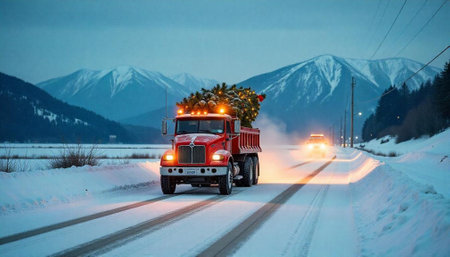 Red truck carrying Christmas tree on snowy mountain roadの写真素材
