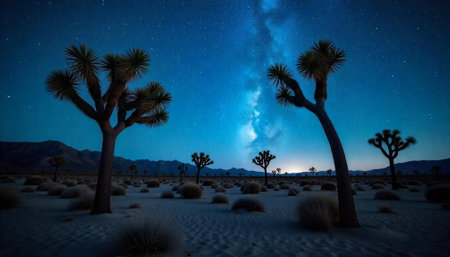 Joshua trees at night under the starry desert skyの写真素材