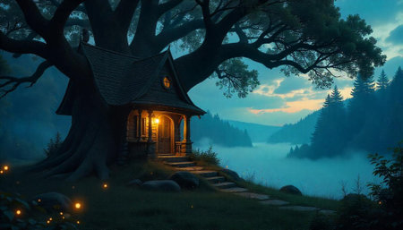 Enchanting fairytale house nestled within a majestic ancient tree