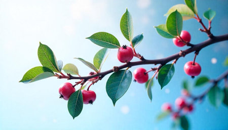 Crabapple tree branch with ripe fruit against blue skyの写真素材