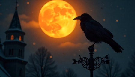 Mystical crow perched against a backdrop of a luminous moonの写真素材