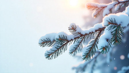 Snow-covered evergreen branch detail on soft light winter background