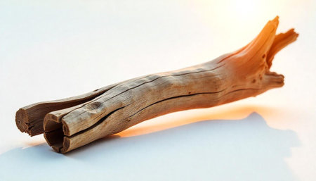Weathered driftwood on clean white surface bathed in warm light