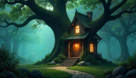 Enchanted forest home nestled in ancient, mossy tree branchesの写真素材