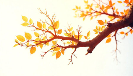 Warm sunlight filters through golden autumn leaves on branchesの写真素材