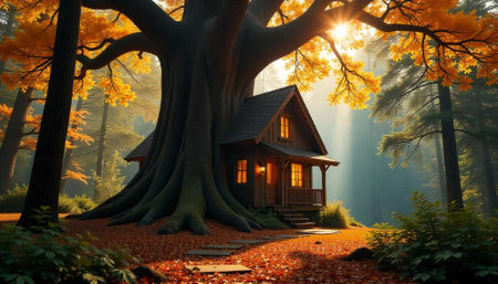 Cozy cabin nestled at the base of ancient treeの写真素材
