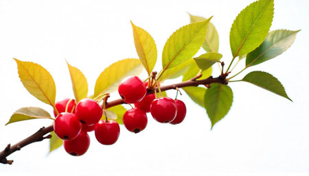 Cherries on branch with green and yellow leaves isolated