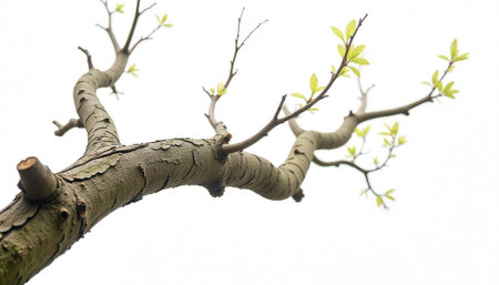 Spring budding branches reaching up against a bright white skyの写真素材