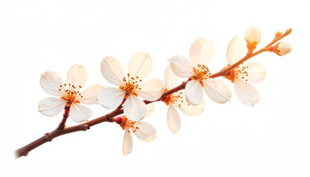 Branch of blooming white cherry blossoms against white backgroundの写真素材