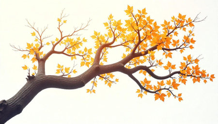 Branch with golden autumn leaves against a white backgroundの写真素材