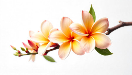 Delicate frangipani blossoms on a branch against white backgroundの写真素材