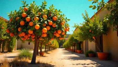 Lush orange trees line a path on a sunny dayの写真素材